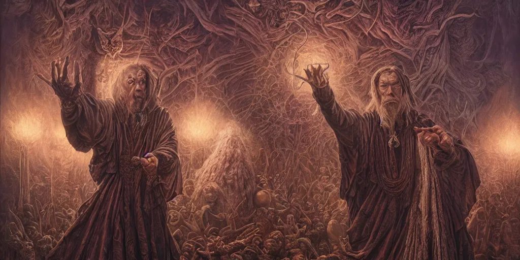 Image similar to highly detailed matte painting portrait of a dark wizard casting a spell by alex grey, patrick woodroffe, mark ryden created by gustave dore and greg rutkowski, high detailed, smooth draw, synthwave neon retro, intricate, realistic proportions, dramatic lighting, trending on artstation