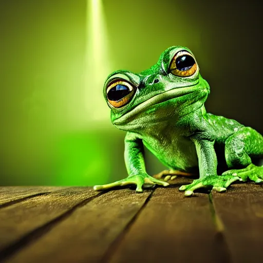 Image similar to very very very very cute Pepe green frog in epic action shot, cinematic lighting, award winning creature photography