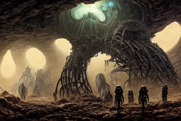Image similar to Epic science fiction cavescape. In the foreground is soldiers in battle-armor searching, in the background alien machinery and alien eggs. The skeleton of a gigantic alien machine creature is between them. Stunning lighting, sharp focus, extremely detailed intricate painting inspired by H.R. Giger and Gerald Brom