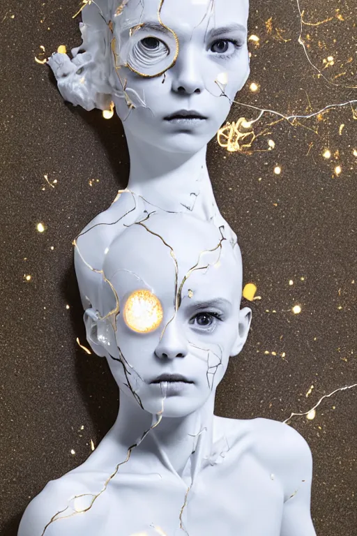 Image similar to full head and shoulders, beautiful porcelain female person, smooth, delicate facial features, white detailed eyes, white lashes, 3 d white anatomical bones, large electrical gold sparks, gold leaf and glowing lightening, by daniel arsham and james jean