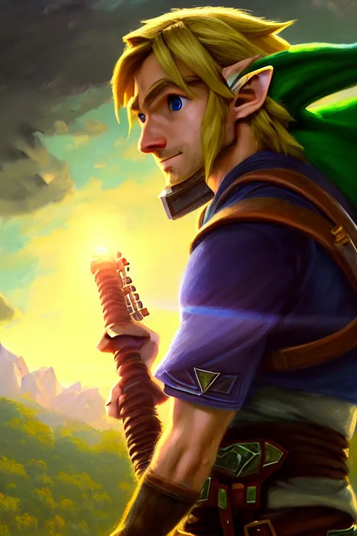 Image similar to cinematic shot of an epic portrait of link from zelda playing hes ocarina, shiny skin, beautiful eyes, beautiful, small details, night setting, realistic poster with volumetric light from craig mallism, artgerm, jeremy lipkin and michael garmash, unreal engine, radiant light, detailed and complex environment, digital art, trends at art station, a masterpiece