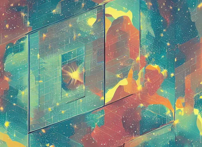Image similar to symmetry!! seen through a window, galaxy, courful illustration, by petros afshar