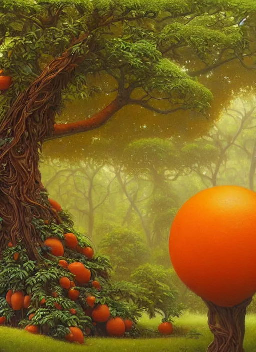 Image similar to ayahuma tree with orange fruits looking like an ent, art by christophe vacher