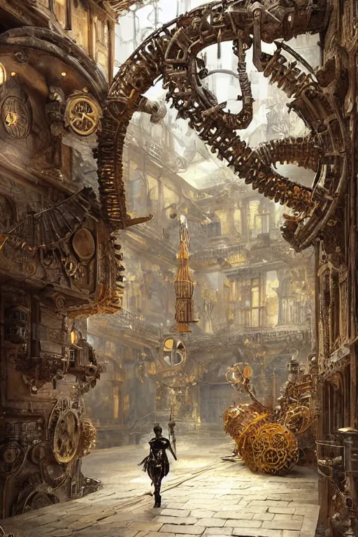 Prompt: a biomechanical palace guard made of machine parts and clocks is walking through a steampunk byzantine courtyard by anders zorn, wonderful, mandelbulb 3 d buildings, fractal designs, dynamic, masterpiece by greg rutkowski, hyperrealism, beautiful cinematic light, by greg manchess, jessica rossier