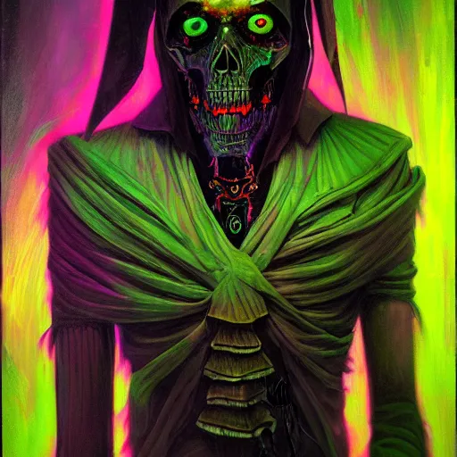 Image similar to a death tarot featuring a haitian voodoo priest with menacing eyes, blacklight neon colors, by anton semenov and android jones in cyberpunk voodoo style, oil on canvas, 8k