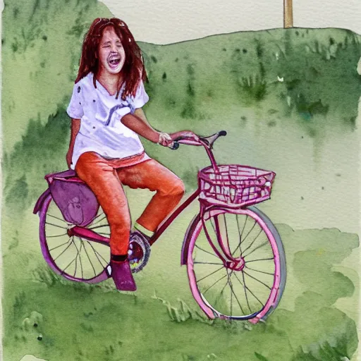 Prompt: a watercolor picture of a 13 year old girl laughing on an orange bicycle with her feet of the pedals