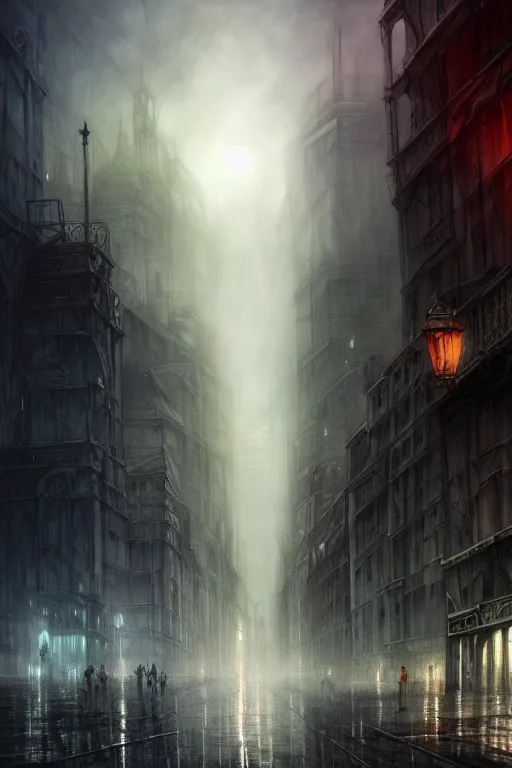 Prompt: fantasy city with slick streets highly detailed, digital painting, concept art, matte, sharp focus, watercolor illustration, art by j w turner, epic fantasy, moody, dark mood, digital watercolor painting