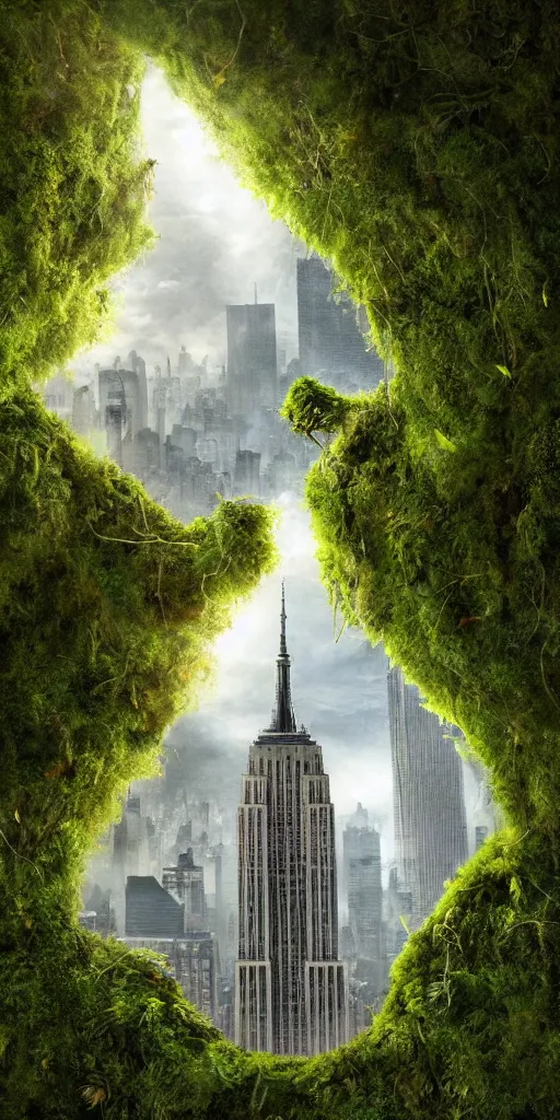 Image similar to an epic view of vines and moss growing on the empire state building, moss, jungle, with pterosaurs flying, close - up, low angle, wide angle, atmospheric, volumetric lighting, cinematic, 8 k, octane render, unreal engine, very realistic, highly detailed digital art, painted by tyler edlin