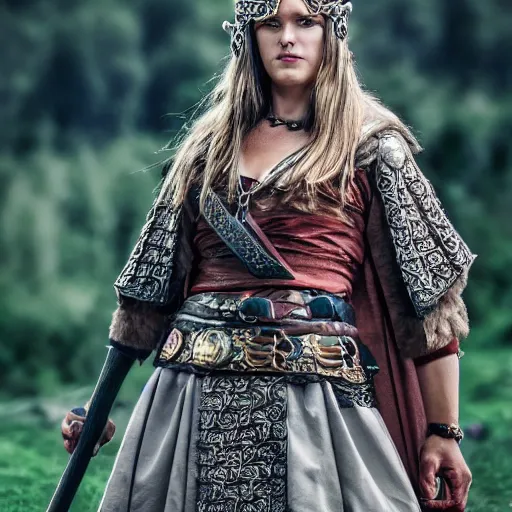 Image similar to beautiful Viking queen with ornate cloak, highly detailed, 4k, HDR, smooth, sharp, focus, hyper realistic, high resolution, award-winning photo