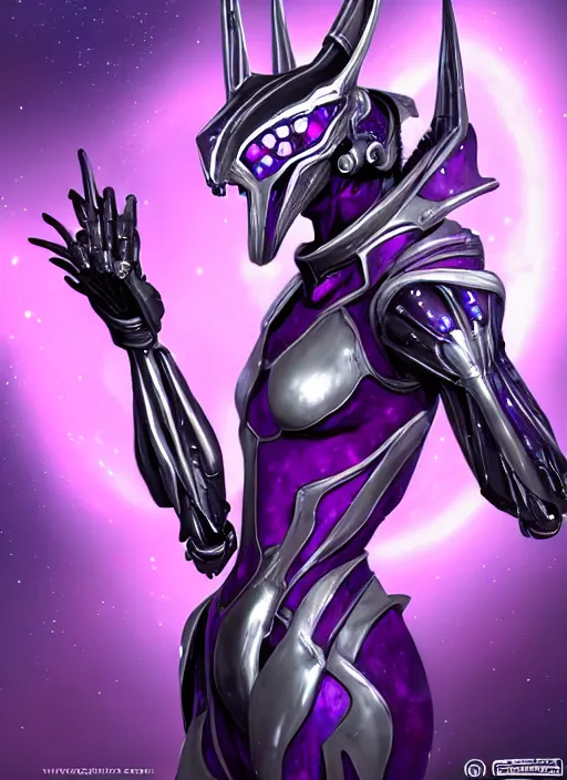 Image similar to cinematic goddess close shot, galactic sized proportional stunning beautiful hot female warframe, sleek mecha female dragon head, metal ears, led purple eyes, smooth fuschia skin, smooth silver armor, floating in space, holding a galaxy, epic proportions, epic size, epic scale, furry art, dragon art, giantess art, warframe fanart, furaffinity, octane