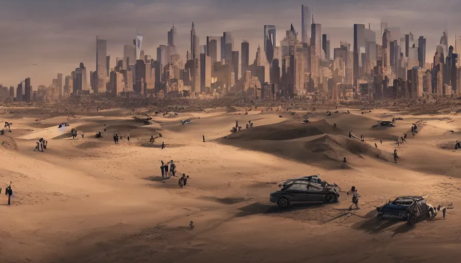 Prompt: new - york under tons of sand, sand dunes, people walking, heat wave, damaged buildings, hyperdetailed, artstation, cgsociety, 8 k