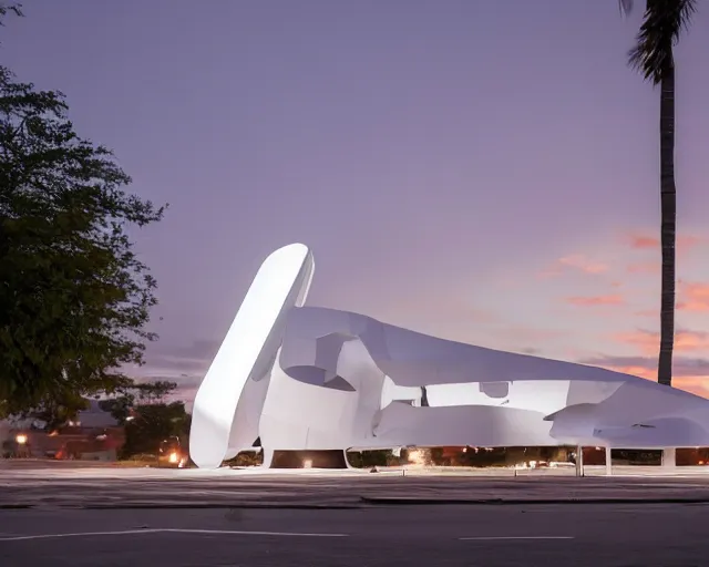 Prompt: photo of white minimalist abstract cubist sculpture of curvy spaceship with random small mecha mayan decorations, covered with few large white airplane parts with windows and doors, gigantic size used as restaurant, late sunset lighting