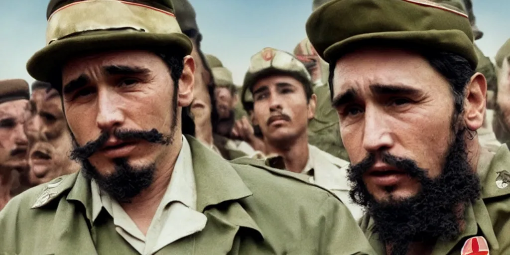 Prompt: James Franco as Fidel Castro in 'Cuba: The Movie' (2024), movie still frame, oscar nominated cinematography, volumetric lighting, 8k resolution, beautiful composition