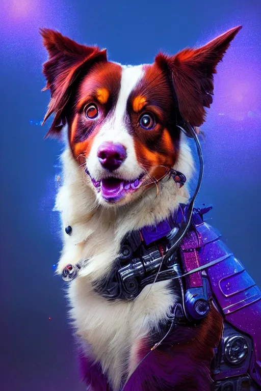 Image similar to a beautiful portrait of a cute cyberpunk red tri australian shepard by greg rutkowski and wlop and sandra chevrier, purple blue color scheme, high key lighting, volumetric light, digital art, highly detailed, fine detail, intricate, ornate, complex, octane render, unreal engine, photorealistic