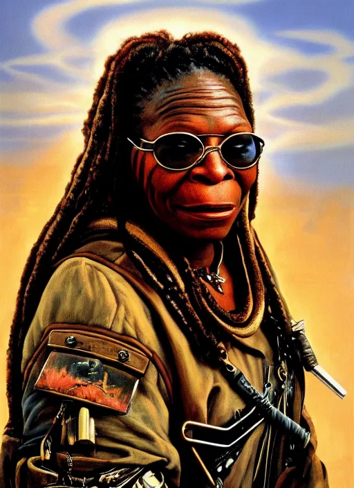 Prompt: portrait of whoopi goldberg as a scheming warlord character in mad max 2 : the road warrior, film still, detailed realism face in painting, detailed beautiful portrait, oil painting masterpiece, 8 k resolution, smooth, sharp focus, trending on artstation, by rembrandt