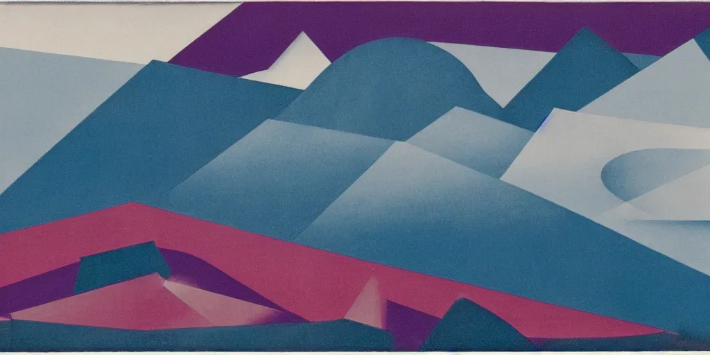 Prompt: narrow night landscape distant mountains bauhaus abstract by moholy nagy, laszlo, black blue magenta