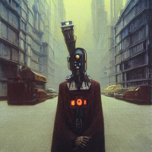 Image similar to portrait of masked cyberpunk scientist on the art deco streets of the Empire city, award-winning realistic sci-fi concept art by Beksinski, Bruegel, Greg Rutkowski, Alphonse Mucha, and Yoshitaka Amano