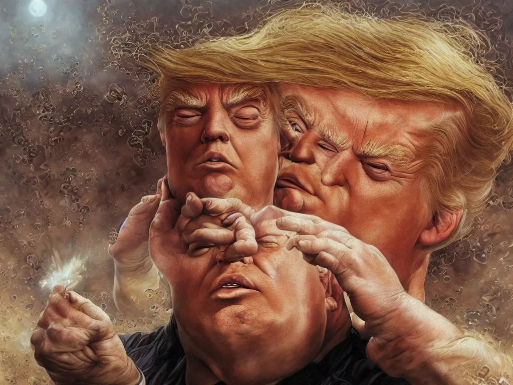 Image similar to Donald trump as baron harkonnen from Dune, highly detailed realistic painting by Tomasz Alen Kopera and hajime sorayama and salvator dali and carl spitzweg