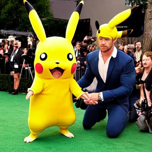 Image similar to Chris Hemsworth in a Pikachu suit