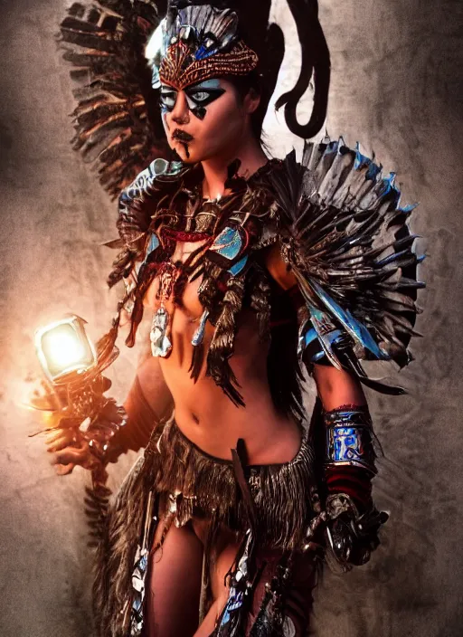 Prompt: fight, aztec princess fights with laser, vertical composition, inspired by monster hunter and dark fantasy and fashion, beautiful body, clean brutal blooded symmetrical face, subtle make up, epic,dramatic lighting, cinematic, establishing shot, extremely high detail, photorealistic, brutal, provocative , cinematic lighting, artstation, octane render, dark fantasy ,old photo, vintage, black and white, Boris vallejo