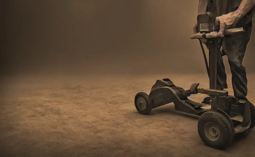 Image similar to a photographic portrait by Annie Leibovitz of man using a pallet jack, closeup, foggy, sepia, moody, dream-like, sigma 85mm f/1.4, 15mm, 35mm, 4k, high resolution, 4k, 8k, hd, full color