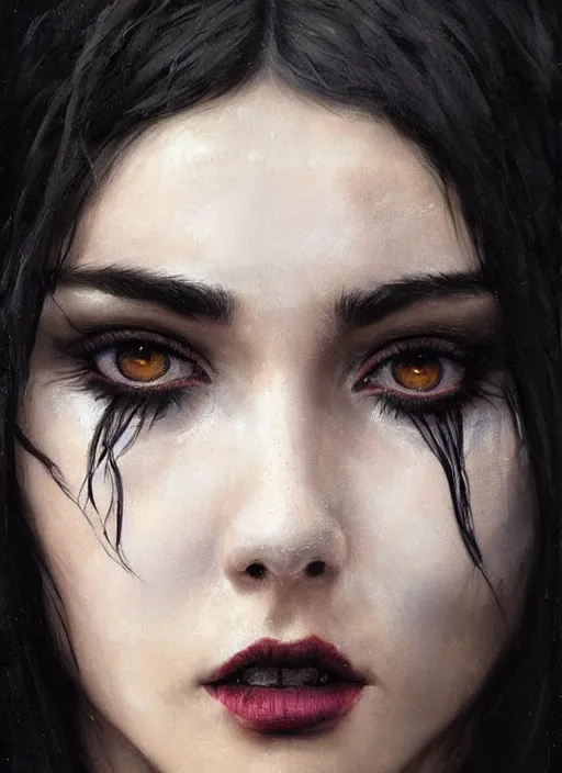 Prompt: a teenage girl with very short black hair and a huge cloak made of black feathers. beautiful highly detailed face, heavy makeup. beautiful painting by artgerm and greg rutkowski and raymond swanland, denis velleneuve, detailed portrait, closeup