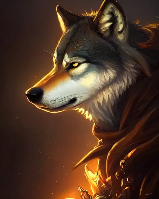 Prompt: wolf portrait, backlight, rim lighting, deep focus, d & d, fantasy, intricate, elegant, highly detailed, digital painting, artstation, concept art, matte, sharp focus, illustration, hearthstone, art by artgerm and greg rutkowski and alphonse mucha