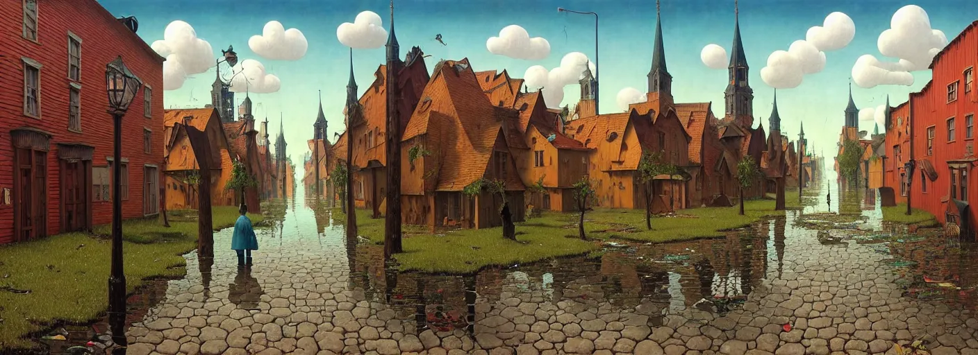 Image similar to flooded! old wooden empty cursed city street, very coherent and colorful high contrast masterpiece by gediminas pranckevicius rene magritte norman rockwell franz sedlacek, full - length view, dark shadows, sunny day, hard lighting, reference sheet white background