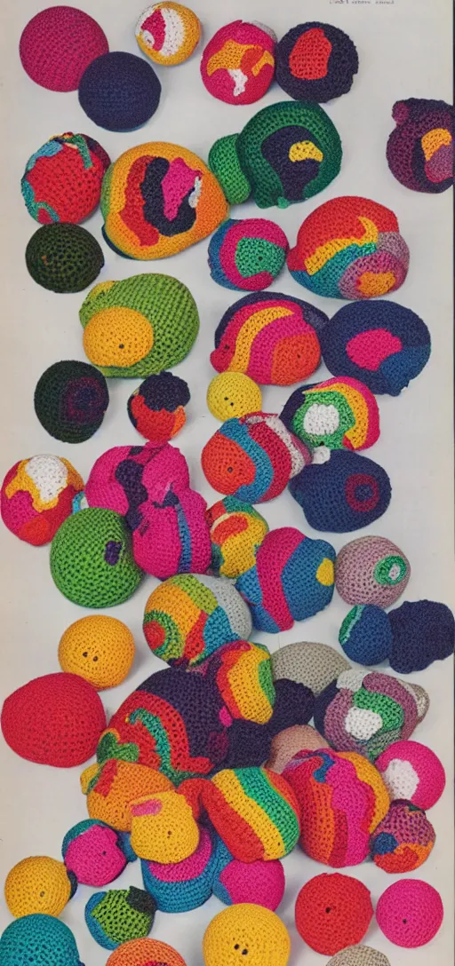 Image similar to multicolored crocheted blobs and pieces, 1 9 8 0 s catalogue photo