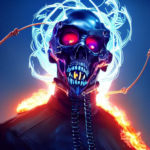 Prompt: cyberpunk ghost rider swinging a barbed wire whip, extremely detailed concept art, octane render, volumetric lighting, terrifying masterpiece, maximalist, neo-expressionist, full body portrait, black background, lots of flames, horror