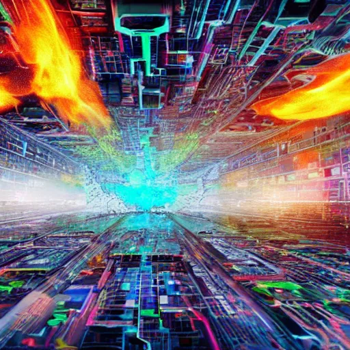 Prompt: diverse groups of humans destroying the supercomputers, breaking circuits, smashed, fire, smoke, from behind, rebirth, beauty, wide angle, elaborate, wet, highly detailed, colors, beautiful lighting