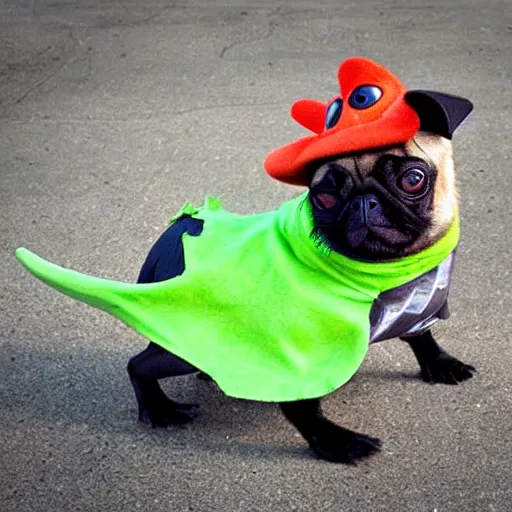 Prompt: a pug wearing a dinosaur costume, photo