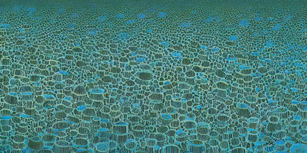 Image similar to Artwork by Tim White of the aerial view of a forest of giant diatoms.