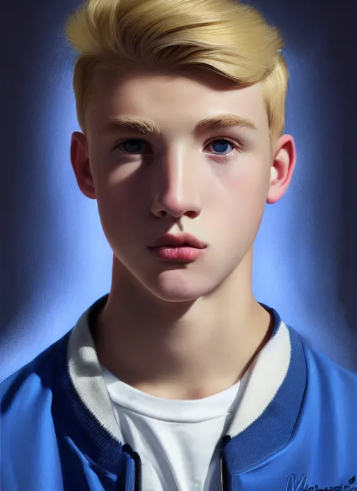 Image similar to portrait of a teenage boy named moose mason, blonde short hair, jock, beefy, square jaw, square facial structure, 1 9 5 0 s, blue varsity jacket, intricate, elegant, glowing lights, highly detailed, digital painting, artstation, concept art, smooth, sharp focus, illustration, art by wlop, mars ravelo and greg rutkowski