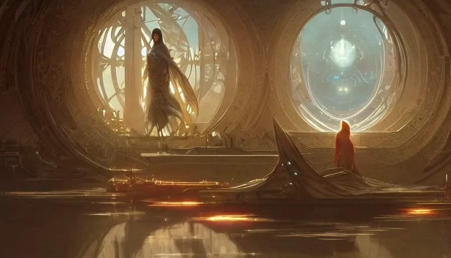 Image similar to a religious scifi room with a floating platform in the center and elegant, cinematic shot, intricate digital painting artstation concept art smooth sharp focus illustration, art by artgerm and greg rutkowski and alphonse mucha