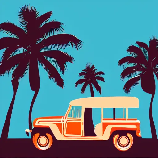 Image similar to stylized vector graphic of a philippines jeepney, palm tree, philippines sun and filipino girl wearing traditional clothes, white background, trending on artstation