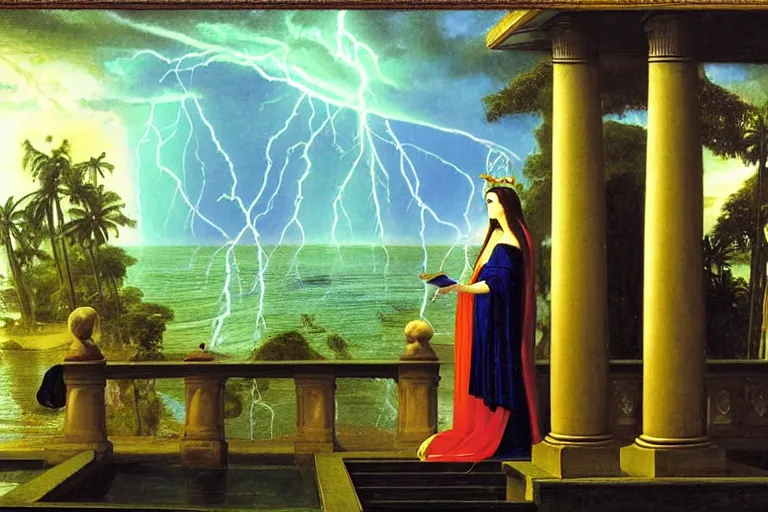 Image similar to Occult spirit on front of balustrade and palace columns, refracted lightnings on the ocean, thunderstorm, tarot cards characters, beach and Tropical vegetation on the background major arcana sky and occult symbols, by paul delaroche, hyperrealistic 4k uhd, award-winning, very detailed paradise