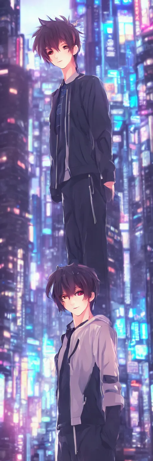 Image similar to a beautiful portrait of a cute anime boy in cyberpunk city. volumetric lighting, subsurface scattering, hyperrealistic, render, hyperdetailed