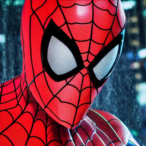 Image similar to Peter Parker as Spiderman , wet face , heavy rain ,dramatic, intricate, highly detailed, concept art, smooth, sharp focus, illustration, Unreal Engine 5, 8K