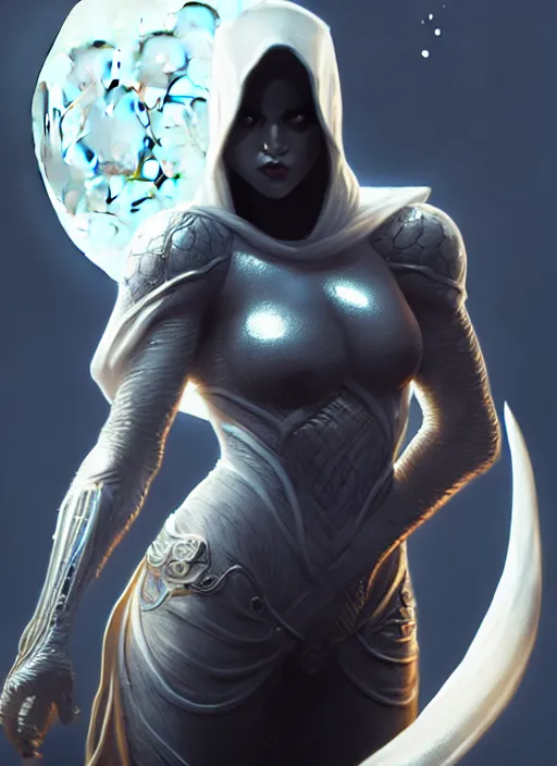 Image similar to female moon knight, hyper detailed, digital art, trending in artstation, cinematic lighting, studio quality, smooth render, unreal engine 5 rendered, octane rendered, art style by klimt and nixeu and ian sprigger and wlop and krenz cushart