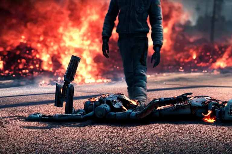 Image similar to vfx film closeup, dead robot couple on the ground holding hands, city street tire tracks fire. flat color profile low - key lighting award winning photography arri alexa cinematography, hyper real photorealistic cinematic atmospheric cool colorgrade