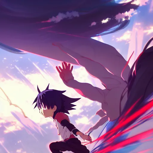 Image similar to dynamic and high energy anime composition with many characters running jumping, gapmoe yandere grimdark, trending on pixiv fanbox, painted by greg rutkowski makoto shinkai takashi takeuchi studio ghibli, akihiko yoshida