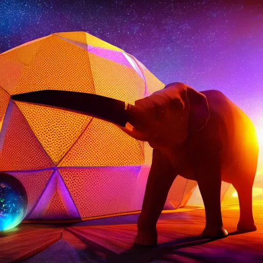 Prompt: a hyperrealistic photograph 3D octane render of an elephant wearing virtual reality goggles playing a synthesizer inside of a geodesic dome planetarium with planets and galaxies, trending on artstation, 8k, 4K, dramatic lighting, glowing, volumetric lighting, ray tracing, unreal engine