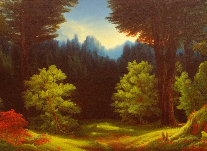 Prompt: the black forest, germany in the style of hudson river school of art, oil on canvas