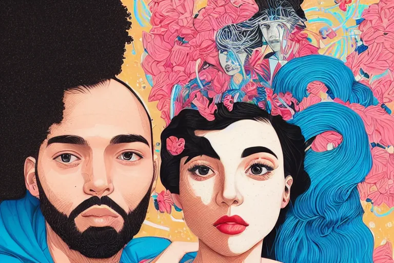 Prompt: a hispanic white girl with medium length kinky hair, and a short - bearded mixed race man with short 4 a hair, in love selfie, tristan eaton, victo ngai, artgerm, rhads, ross draws