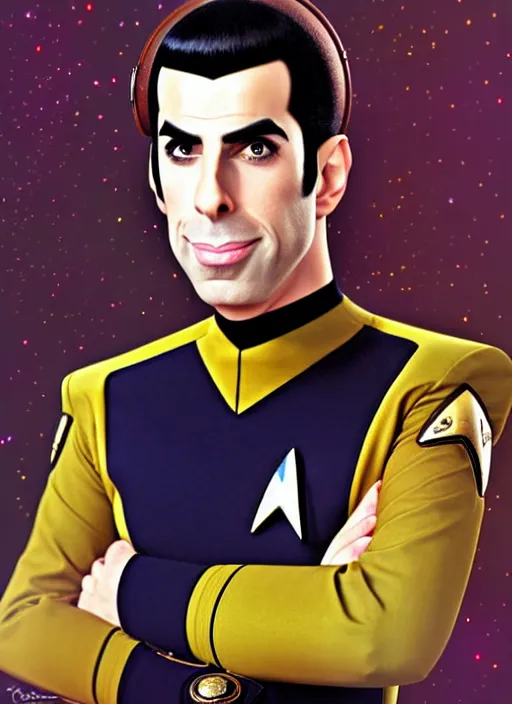 Image similar to cute star trek officer sacha baron cohen, natural lighting, path traced, highly detailed, high quality, digital painting, by don bluth and ross tran and studio ghibli and alphonse mucha, artgerm