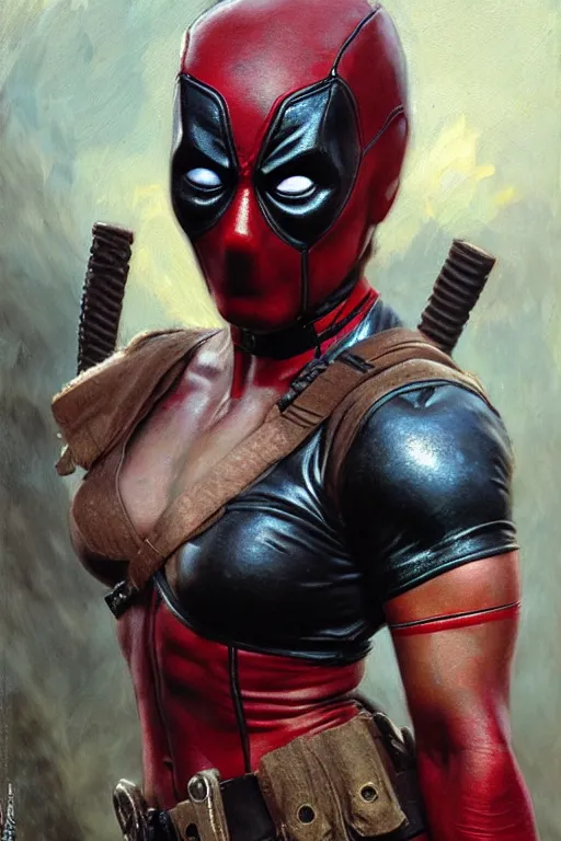 Image similar to muscular sweat girl wearing deadpool costume, covers with mud exhausted face close up, highly detailed painting by gaston bussiere, craig mullins, j. c. leyendecker 8 k