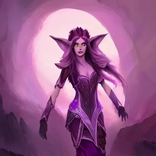 Prompt: high quality fantasy painting of a half-elf sorceress, she has purple hair, 35 years old, magical chaotic lights dance around her, dark and ominous background