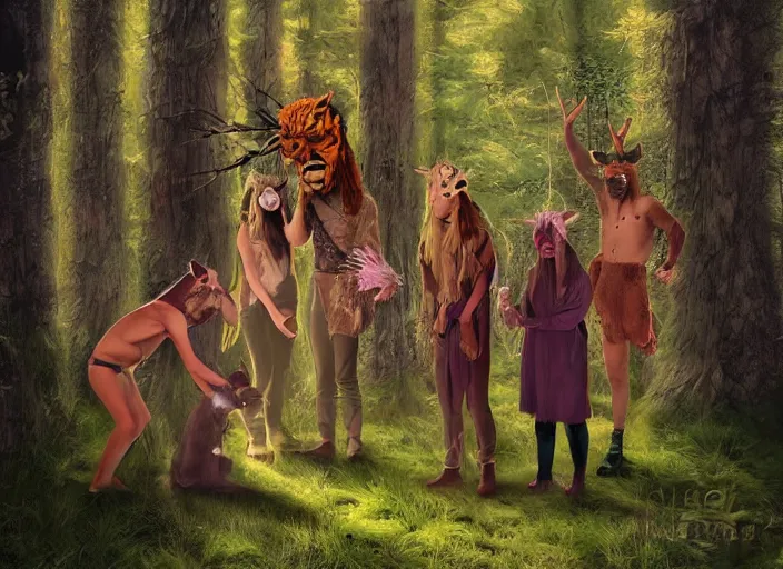 Image similar to forest pagan ritual with people with animal masks by andrews, esao, digital art
