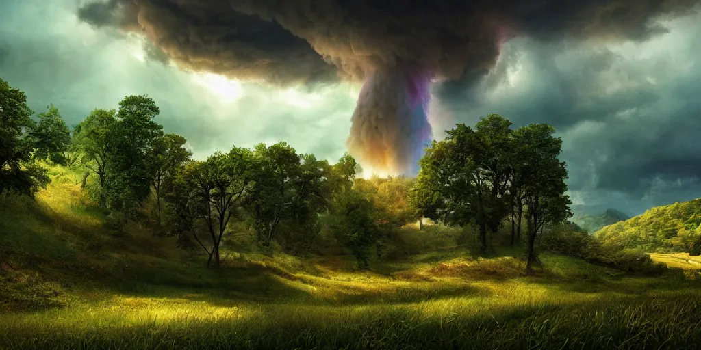 Prompt: A tornado in a beautiful scenic landscape, nature, trees, colorful, wide angle, super highly detailed, professional digital painting, artstation, concept art, smooth, sharp focus, no blur, no dof, extreme illustration, Unreal Engine 5, Photorealism, HD quality, 8k resolution, cinema 4d, 3D, beautiful, cinematic, art by artgerm and greg rutkowski and alphonse mucha and loish and WLOP